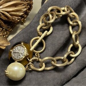Vintage Gold Chain Bracelet with Pearl Charm and cross
